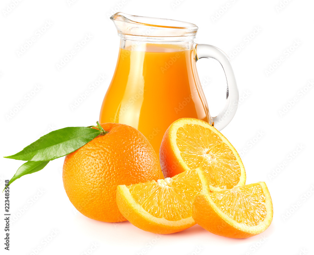 orange juice with orange and green leaf isolated on white background. juice in jug orange juice with orange and green leaf isolated on white background. juice in jug