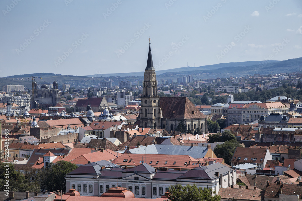 CLUJ-NAPOCA,  TRANSYLVANIA, ROMANIA - AUGUST 21, 2018:  Aerial view of the city  on August 21, 2018 in  Cluj-Napoca.