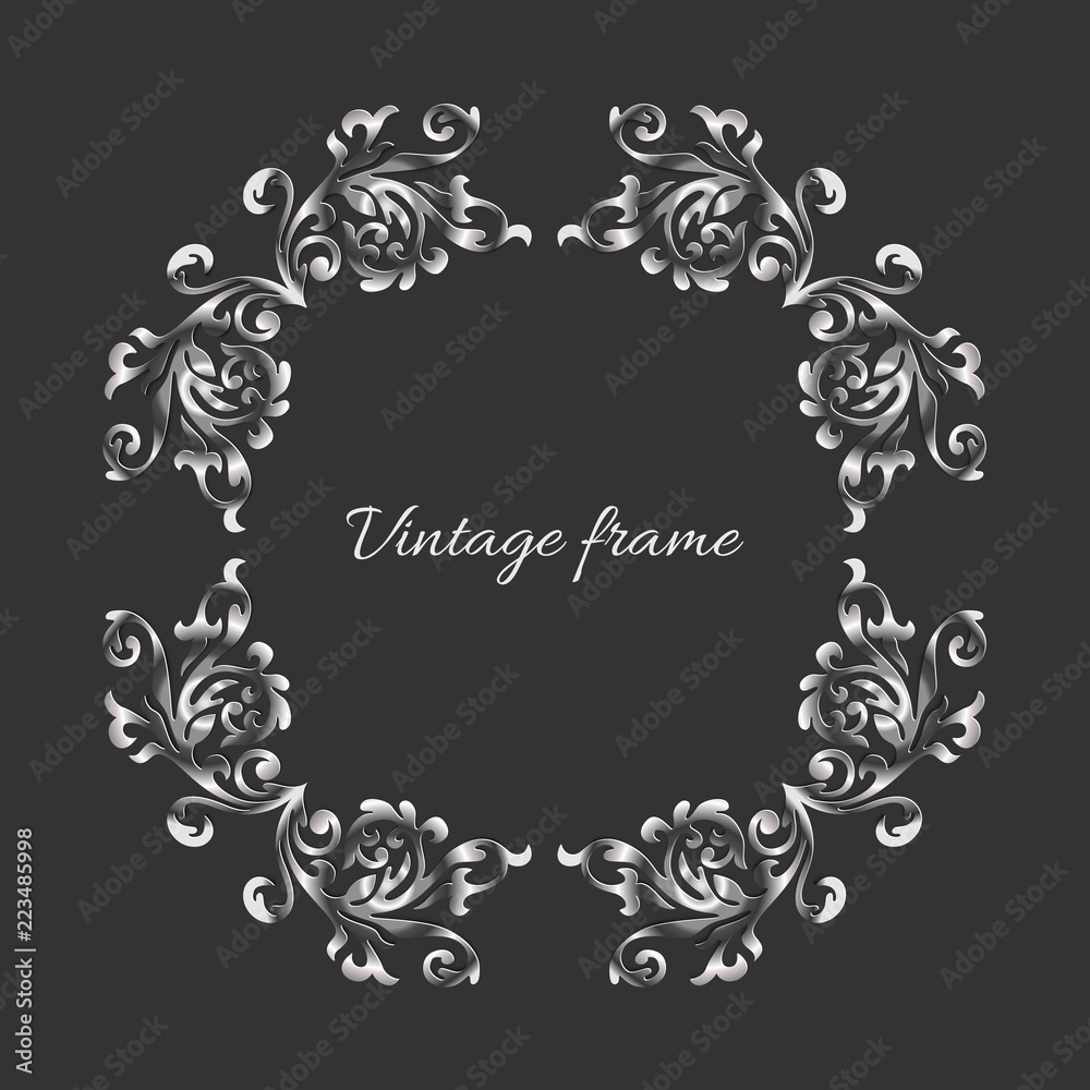 Vintage style empty round  silver frame on dark backdrop. Template for invitation, anniversary, greeting card.