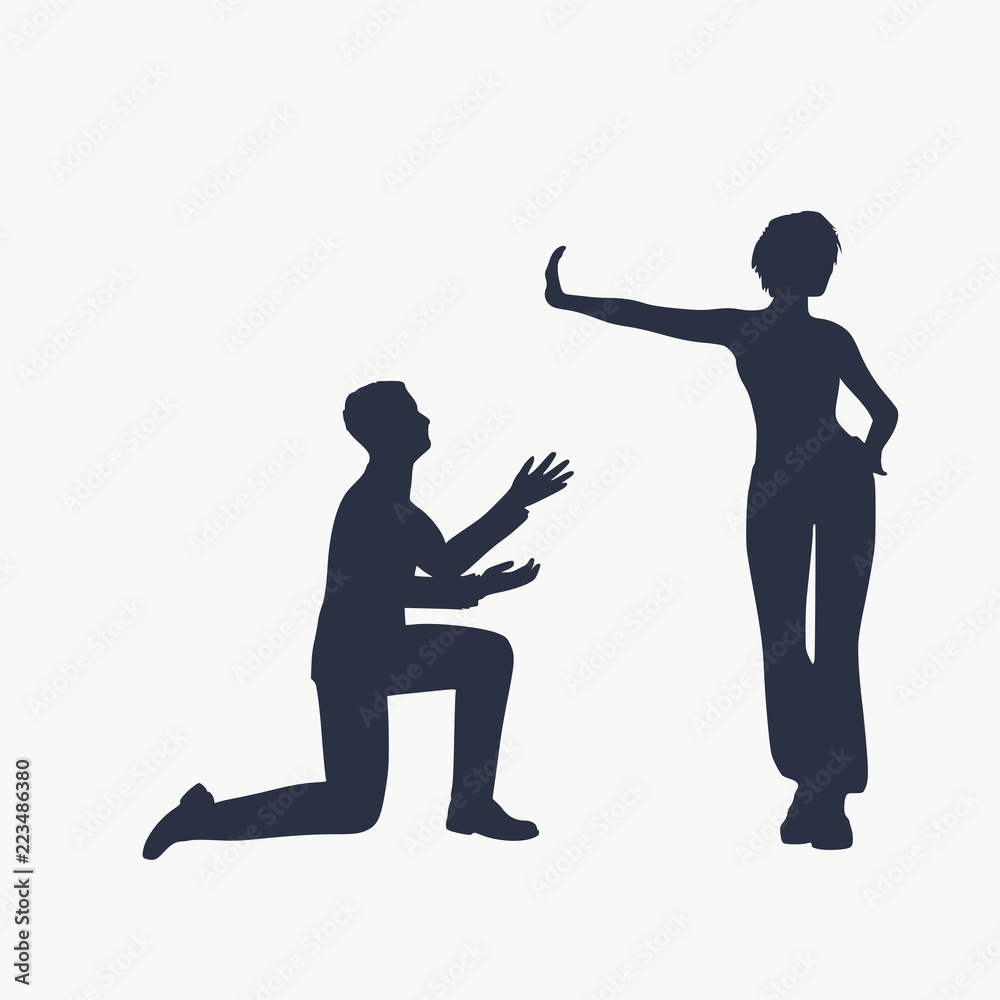 Silhouette of man in prayer pose. Man asking woman to marry or forgive him. A young woman holding her hand in front to show stop gesture