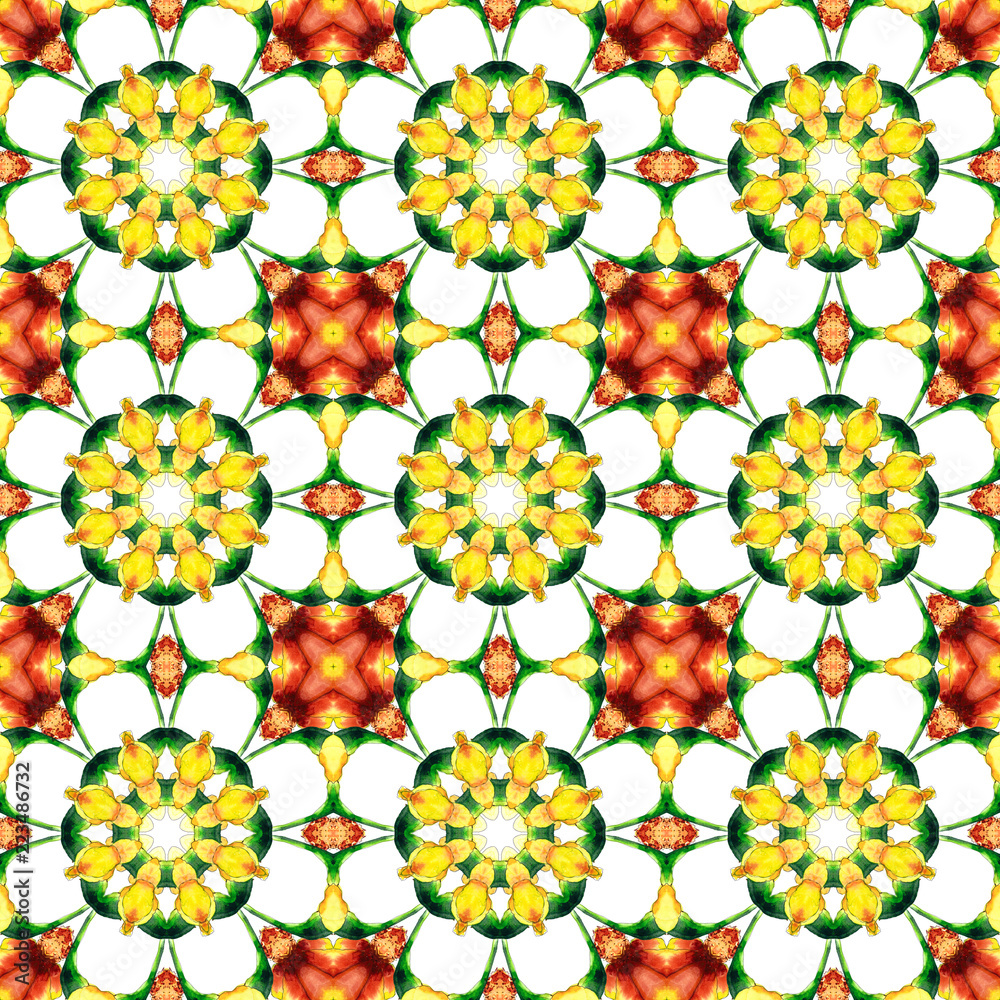 Seamless watercolor hand-drawn ornament of geometric abstract elements on a white background. Ethnic decor in warm autumn shades of red, yellow, orange and green.