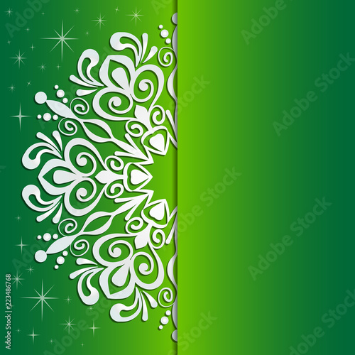 Ornate lacy white snowflake on green background. Christmas and New Year greeting card  invitation  flyer template