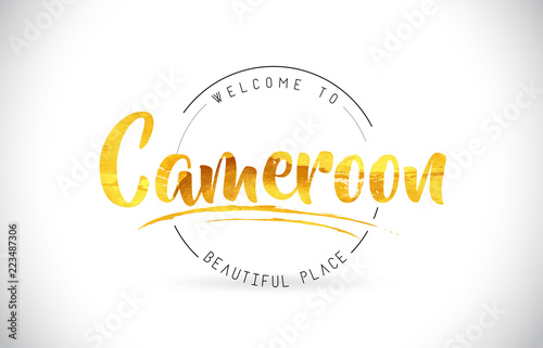 Cameroon Welcome To Word Text with Handwritten Font and Golden Texture Design.
