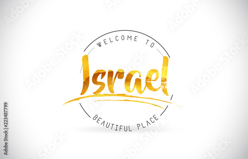 Israel Welcome To Word Text with Handwritten Font and Golden Texture Design.