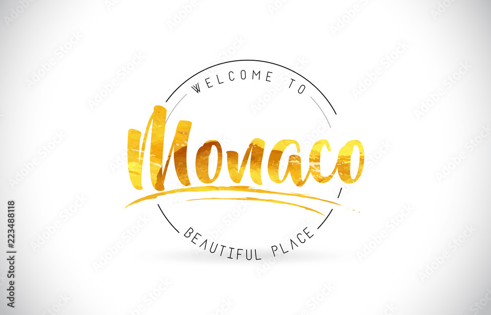 Monaco Welcome To Word Text with Handwritten Font and Golden Texture Design. Monaco Welcome To Word Text with Handwritten Font and Golden Texture Design.
