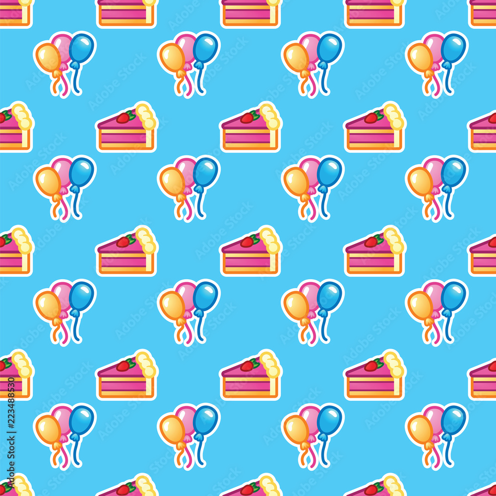 Pattern piece of cake for celebration Birthday partyand colorful balloon. Happy Birthday, event, celebration, party, holiday concept. Seamless pattern. Pattern piece of cake for celebration Birthday partyand colorful balloon. Happy Birthday, event, celebration, party, holiday concept. Seamless pattern.