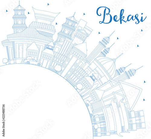 Fototapeta Naklejka Na Ścianę i Meble -  Outline Bekasi Indonesia City Skyline with Blue Buildings and Copy Space.