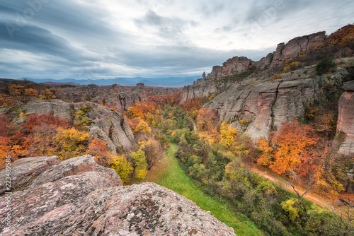 Magnificent morning view of the Belogradchik rocks in Bulgaria, lit by the autumn sun