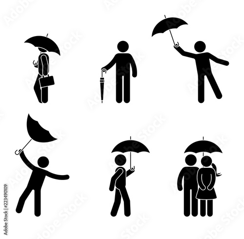 Stick figure man and couple with umbrella icon set. Male under the rain in different positions
