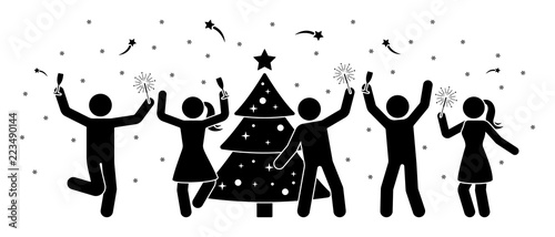 Stick figure people at New Year party icon. Happy men and women dancing near tree pictogram