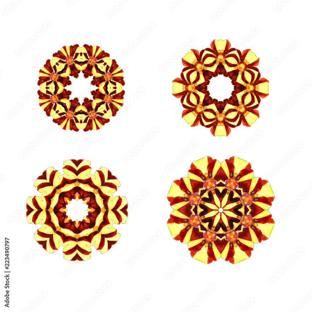 Set of round floral frame elements and hand-drawn watercolor on white background. Abstract geometric rosettes in warm autumn colors. Set of round floral frame elements and hand-drawn watercolor on white background. Abstract geometric rosettes in warm autumn colors.