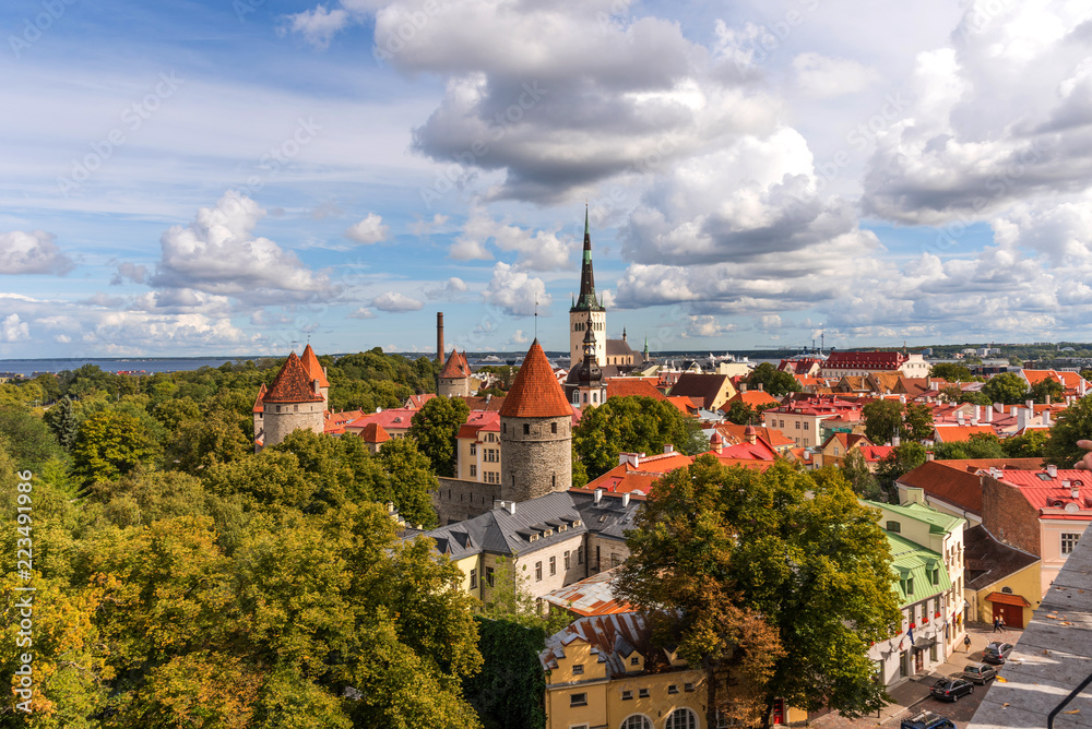 Aerial panoramic cityscape beautiful view of Old Town in Tallinn in summer, Estonia
