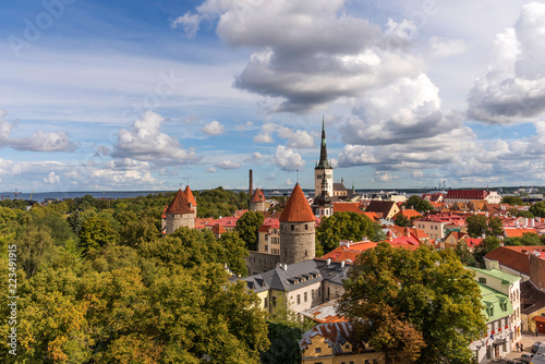 Aerial panoramic cityscape beautiful view of Old Town in Tallinn in summer, Estonia