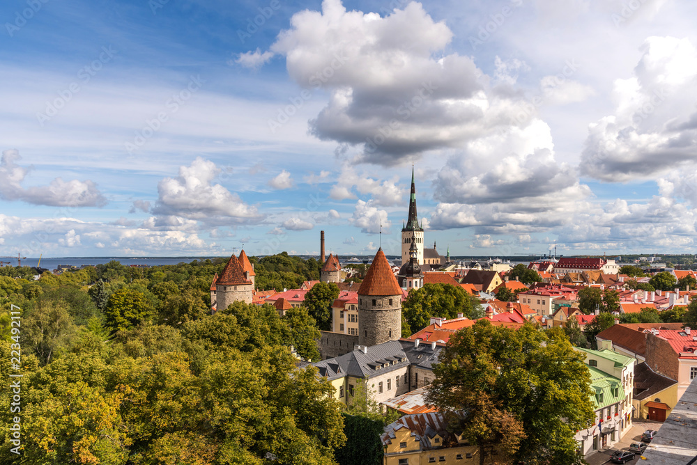 Aerial panoramic cityscape beautiful view of Old Town in Tallinn in summer, Estonia