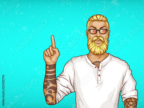 Vector pop art blonde haired man with beard, earring in white shirt and glasses. Guy with tattoos points with finger at sales, discounts. Character isolated on blue background. Sale, ad poster, banner