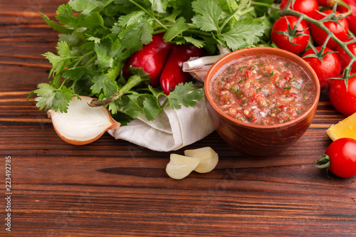 Traditional mexican red spicy sauce salsa with ingredients photo