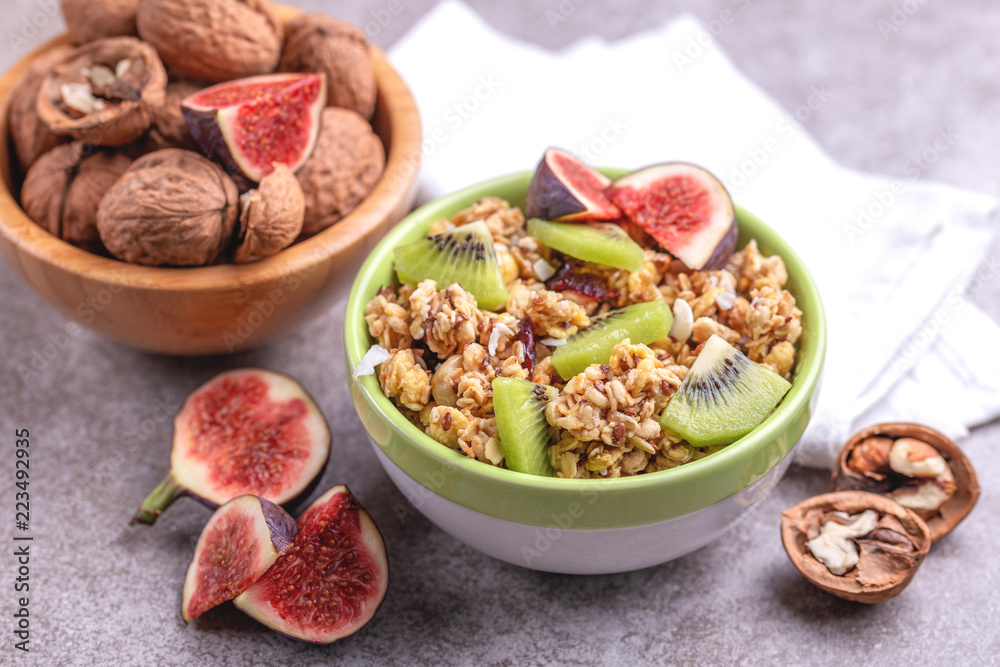 Bowl of homemade granola with fresh bananas and figs Bowl of homemade granola with fresh bananas and figs