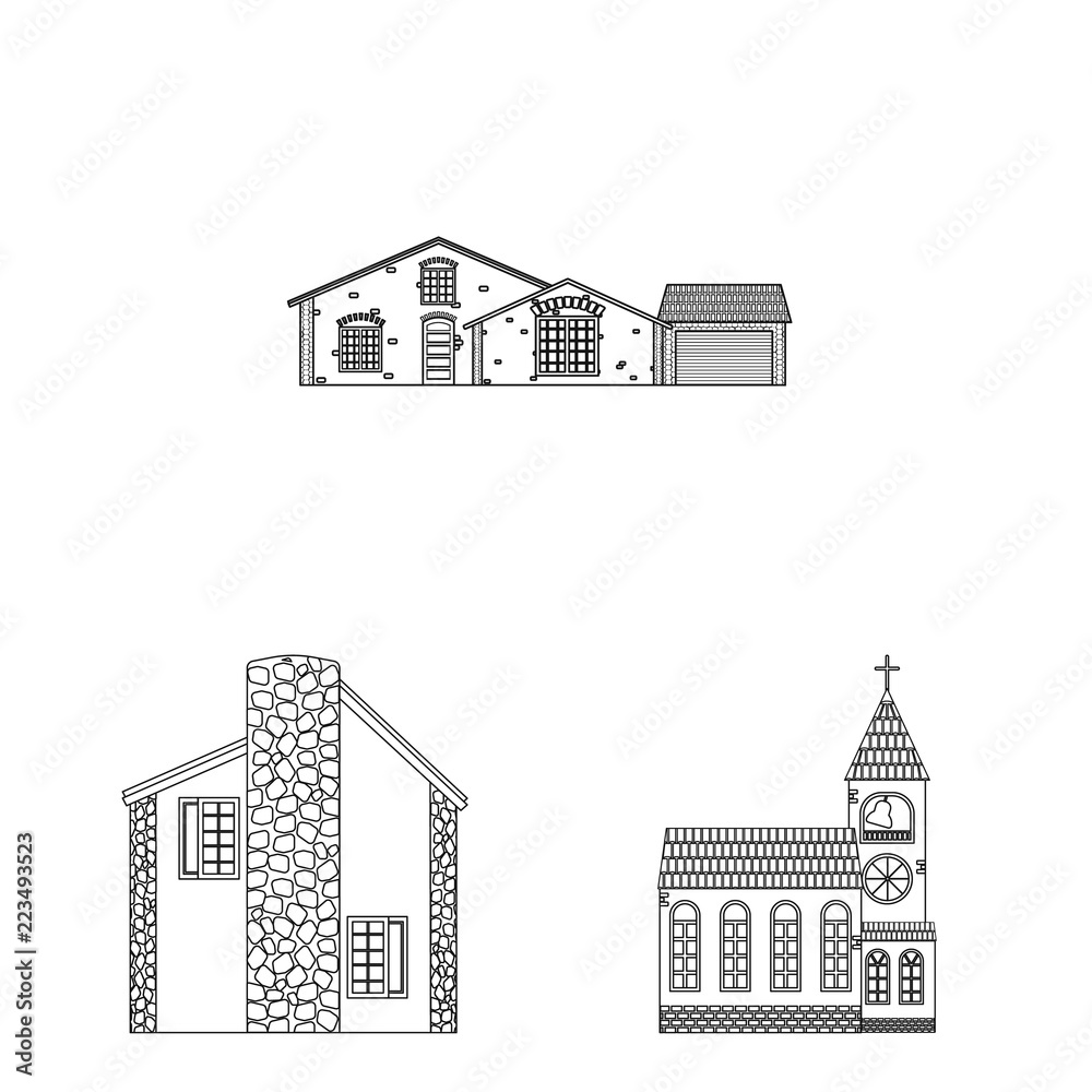 Vector illustration of building and front symbol. Set of building and roof stock vector illustration.