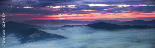 Panorama view Sea of fog on the mountain at dawn in the north of Thailand