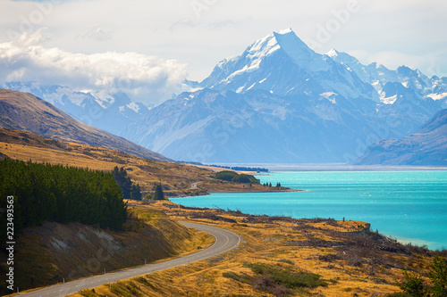 Mount cook viewpoint with the lake pukaki and the road leading to mount cook village in South Island New Zealand.