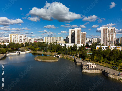 view from height of city pond and houses in Zelenograd in Moscow, Russia © olgavolodina