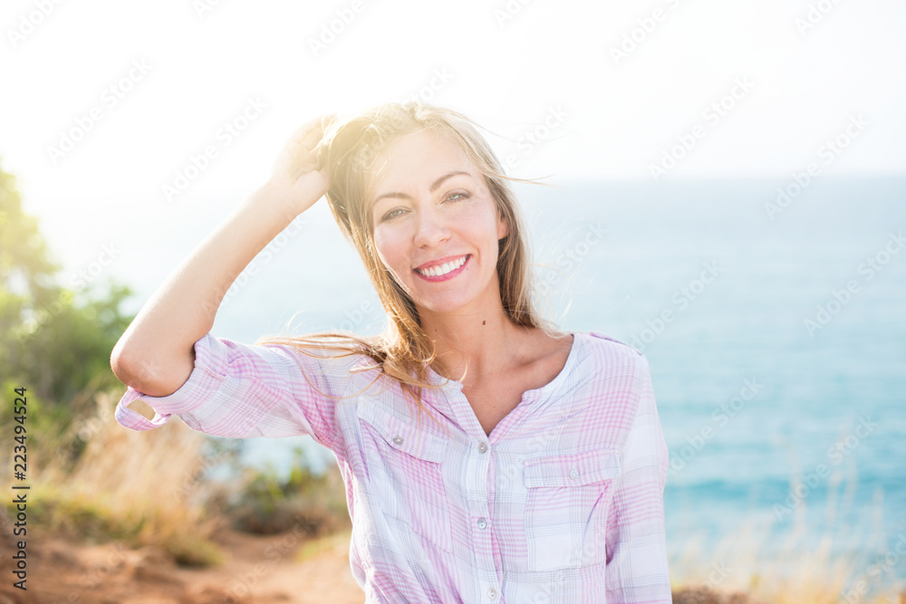 portrait happy smiling travelling blonde girl island portrait happy smiling travelling blonde girl island