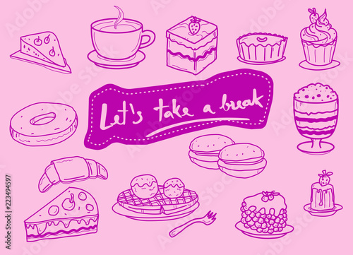 doodle dessert and coffee cup,take a break,pink colour, vecter