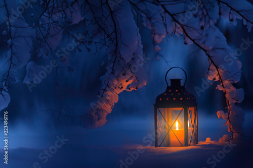 Candle lantern under the snowy branches at dusk. Christmas time in a wintery garden. photo