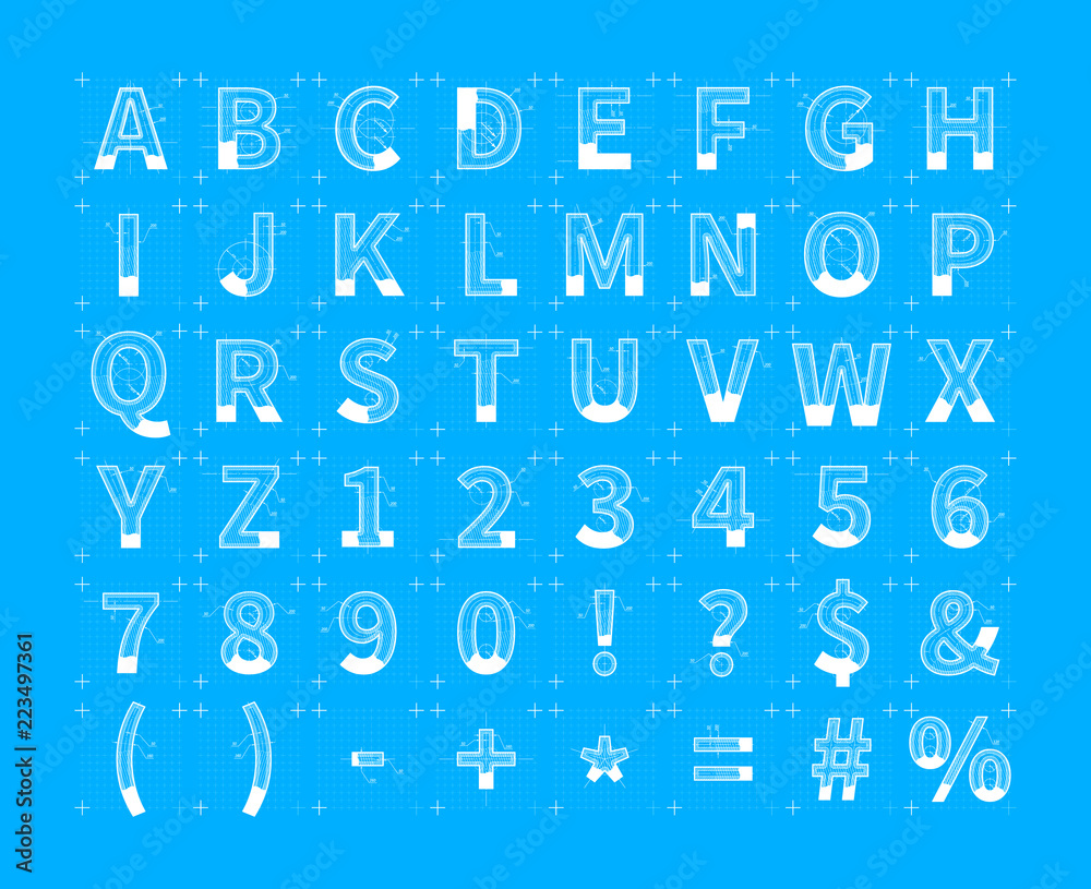 Architectural sketches of latin letters. White blueprint style font on blue