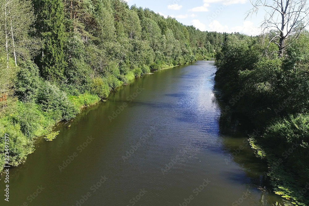 Aerial beautiful view of the river among the forest in sunny summer day. Aerial beautiful view of the river among the forest in sunny summer day.