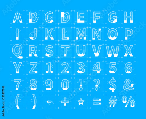 Architectural sketches of latin letters. White blueprint style font on blue