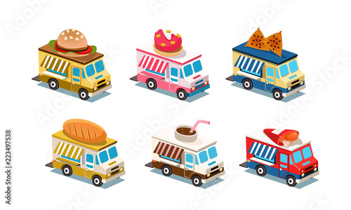 Flat vector set of food trucks. Cars with burger, ice-cream, bread, chicken legs and coffee on roof. Business on wheels. 3D style