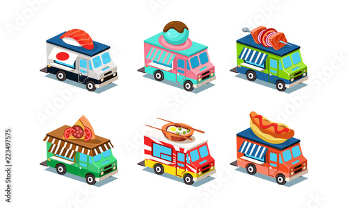 Set of food trucks in modern 3D style. Vans with Japanese cuisine, ice-cream, pizza, hot dog and barbecue. Flat vector design