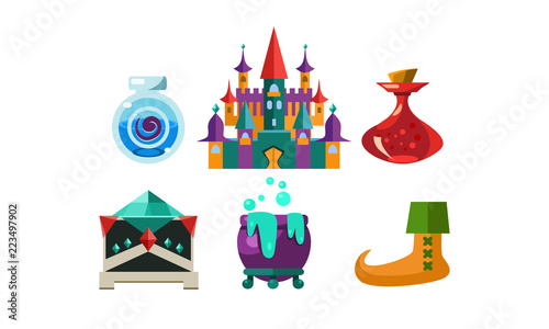 Set of cartoon magic objects. Bottles with elixir, big castle, cauldron with boiling potion and small casket.