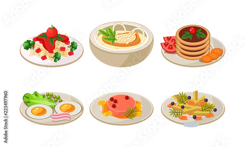 Flat vector set of plates with tasty food. Appetizing dishes for breakfast and dinner. Delicious meal