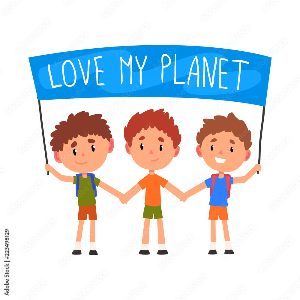 Cute boys holding banner with the inscription Love my Planet, ecology concept vector Illustration on a white background Cute boys holding banner with the inscription Love my Planet, ecology concept vector Illustration on a white background
