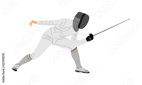 Fencing player portrait vector illustration isolated on white background. Fencing competition event. Sword fighting. Swordplay black shadow. Quick move game. Athlete man art figure.