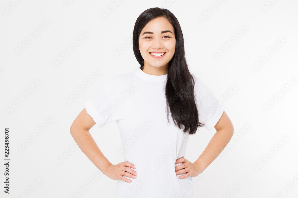 Young asian woman with brunette healthy clean shiny hair isolated on white background. Girl long hairstyle. Copy space Young asian woman with brunette healthy clean shiny hair isolated on white background. Girl long hairstyle. Copy space