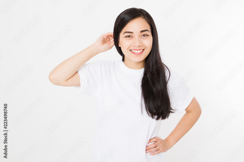 Young asian woman with brunette healthy clean shiny hair isolated on white background. Girl long hairstyle. Copy space Young asian woman with brunette healthy clean shiny hair isolated on white background. Girl long hairstyle. Copy space
