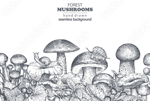 Vector seamless pattern with hand drawn forest mushrooms