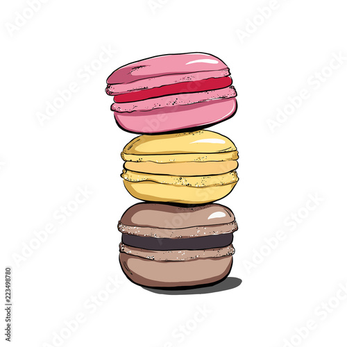 Stack of colorful macaron, macaroon cakes, sketch style vector illustration isolated on white background. Stack, pile of colorful almond macaron, macaroon biscuits, sweet and beautiful dessert