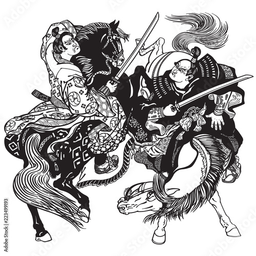 Fighting between two Japanese samurai warriors .  Horsemen soldiers sitting on pony horses and fighting with swords .Black and white vector illustration