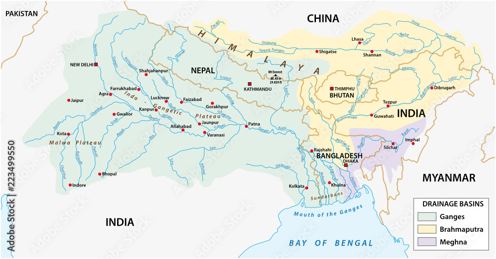 vector Map of the combined catchment areas of the Ganges, Brahmaputra and Meghna rivers