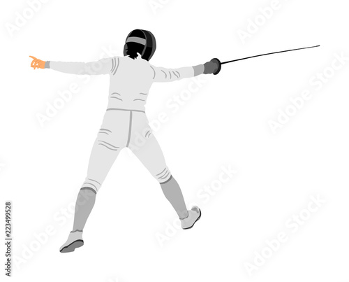 Fencing player portrait vector illustration isolated on white background. Fencing competition event. Sword fighting. Swordplay black shadow. Quick move game. Athlete man art figure.
