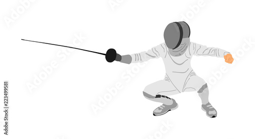 Fencing player portrait vector illustration isolated on white background. Fencing competition event. Sword fighting. Swordplay black shadow. Quick move game. Athlete man art figure.