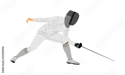 Fencing player portrait vector illustration isolated on white background. Fencing competition event. Sword fighting. Swordplay black shadow. Quick move game. Athlete man art figure.