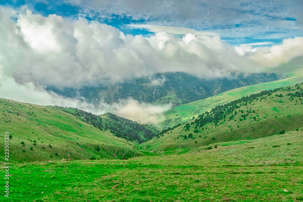 The fog advances over the meadows of the Pyrenees