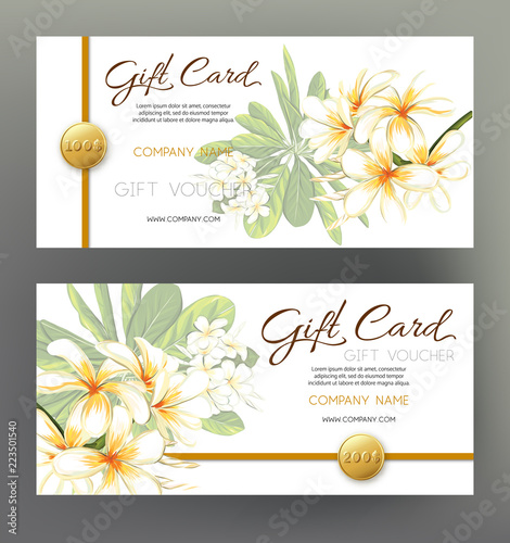 A set of gift vouchers with tropiс flowers. Stock vector illustration.