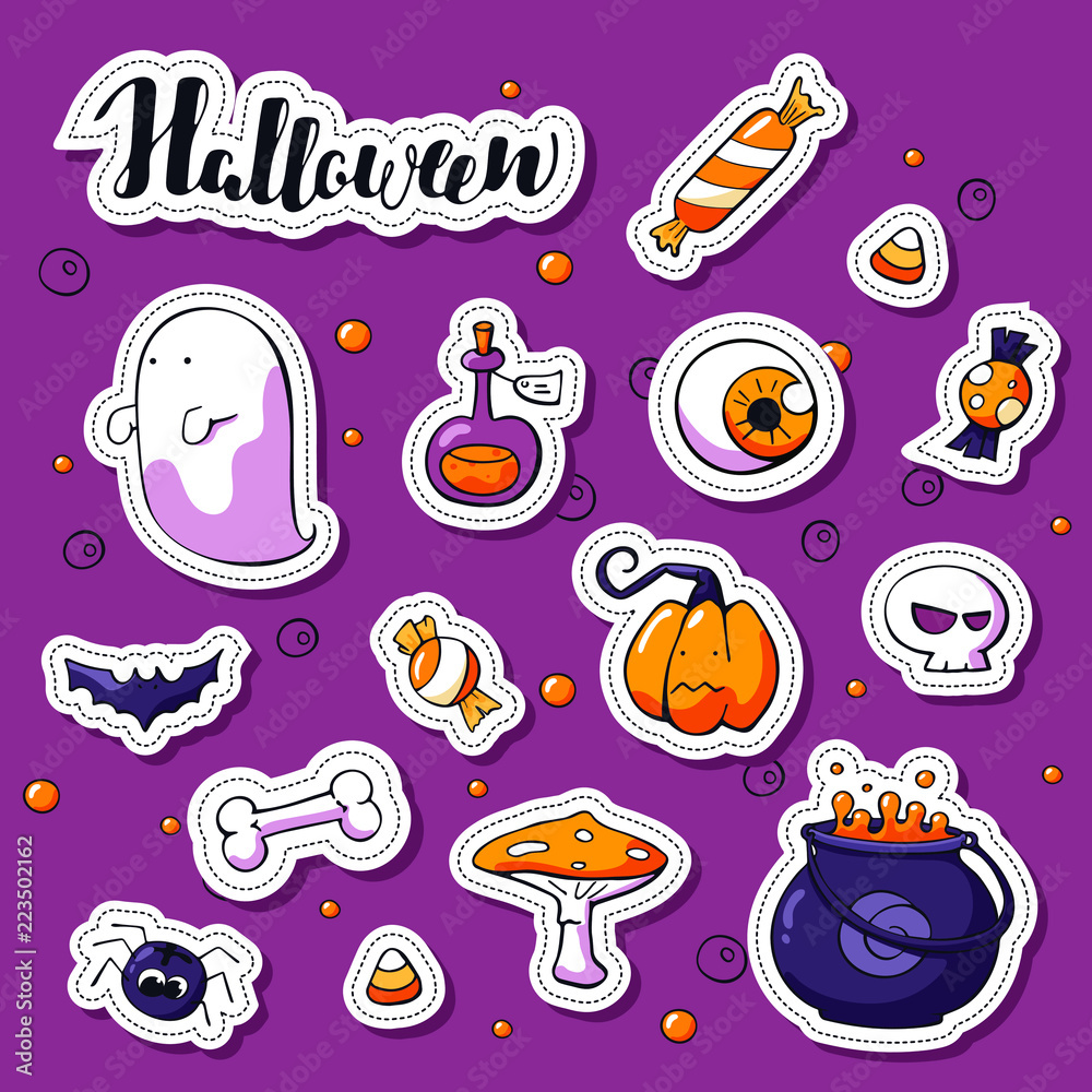 Set of Happy Halloween cartoon stickers. Vector hand drawn objects: pot, bat, skull, ghost, sweets, pumpkin, spider, potion. Label design elements. Halloween lettering.