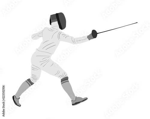 Fencing player portrait vector illustration isolated on white background. Fencing competition event. Sword fighting. Swordplay black shadow. Quick move game. Athlete man art figure.